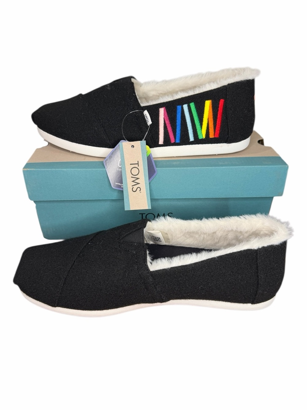 Toms Black Slip-Ons with Rainbow Side Stitching